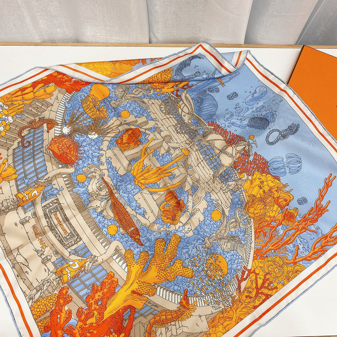 에르메스 Hermes 스카프 블루 오렌지 70cm