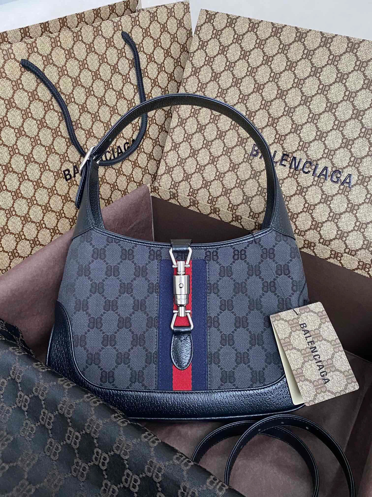 발렌시아가 Balenciaga X Gucci 680118 캔버스 자카드 HACKER MEDIUM 호보 백 28cm