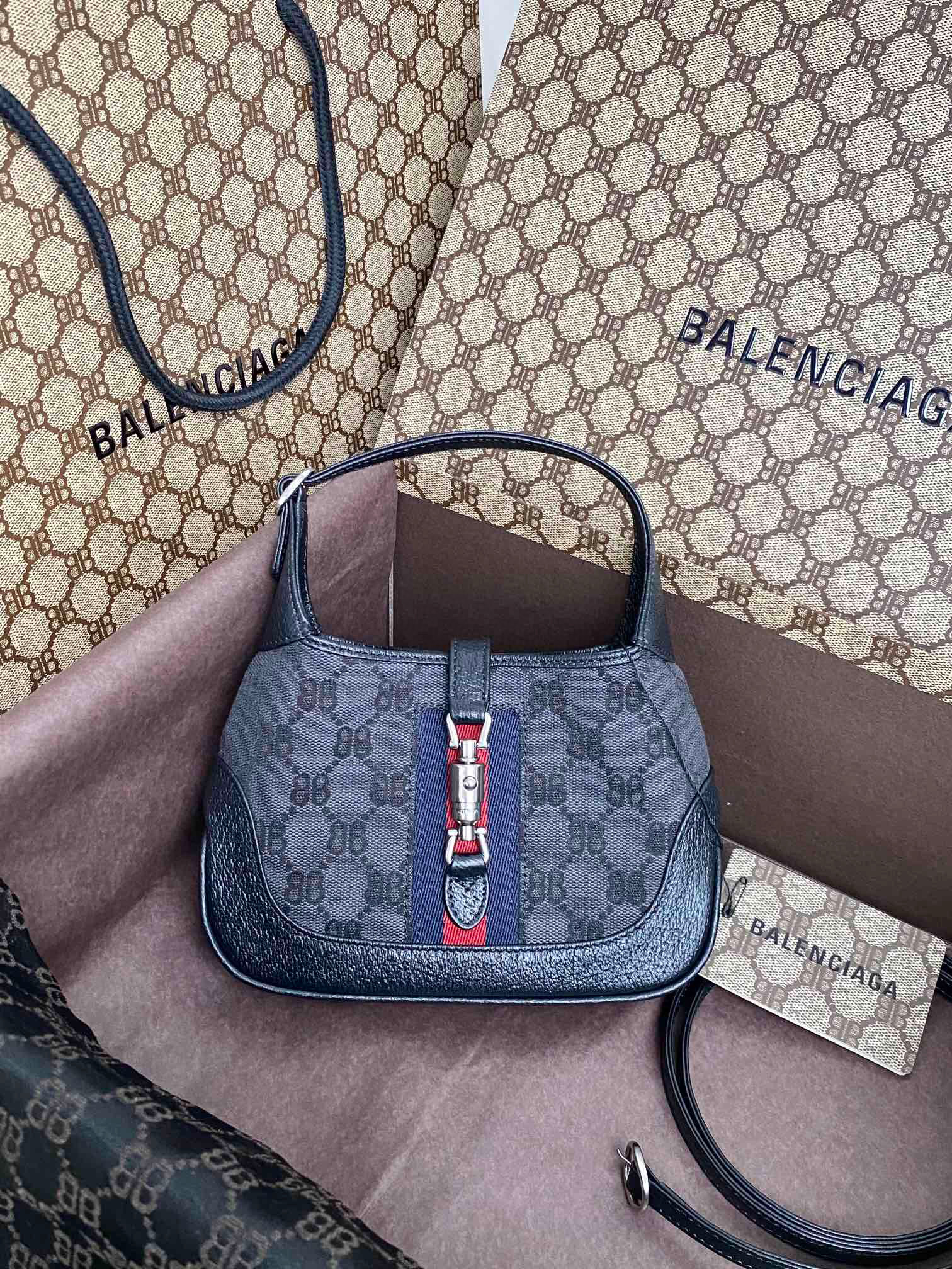 발렌시아가 Balenciaga X Gucci 680132 캔버스 자카드 HACKER 미니 호보 백 25cm