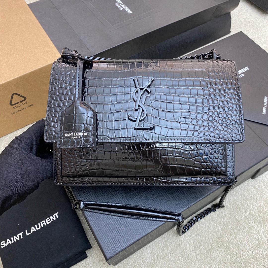 생로랑 Saint laurent/YSL 442906 선셋 미디움 체인 백 크로커다일 엠보스 샤이니 레더 느와르 22CM