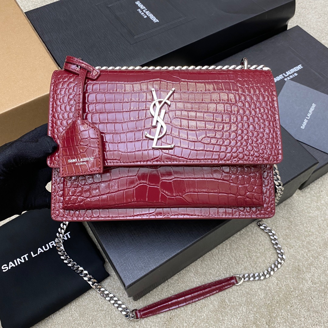 생로랑 Saint laurent/YSL 442906 선셋 미디움 체인 백 크로커다일 엠보스 샤이니 레더 레드 벨벳 22CM