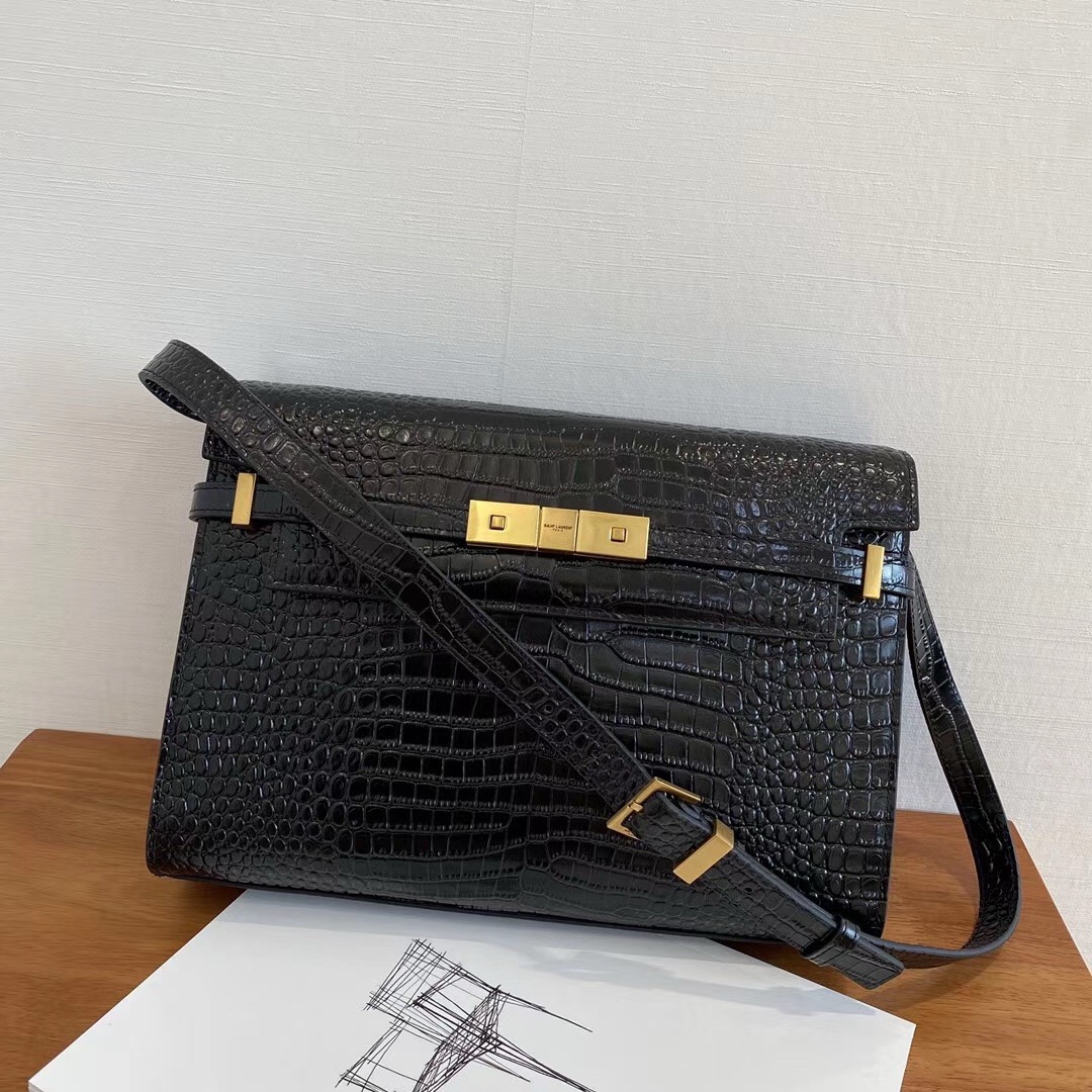 생로랑 Saint laurent/YSL 579271 맨하탄 숄더백 크로커다일 엠보스 샤이니 레더 블랙 29CM