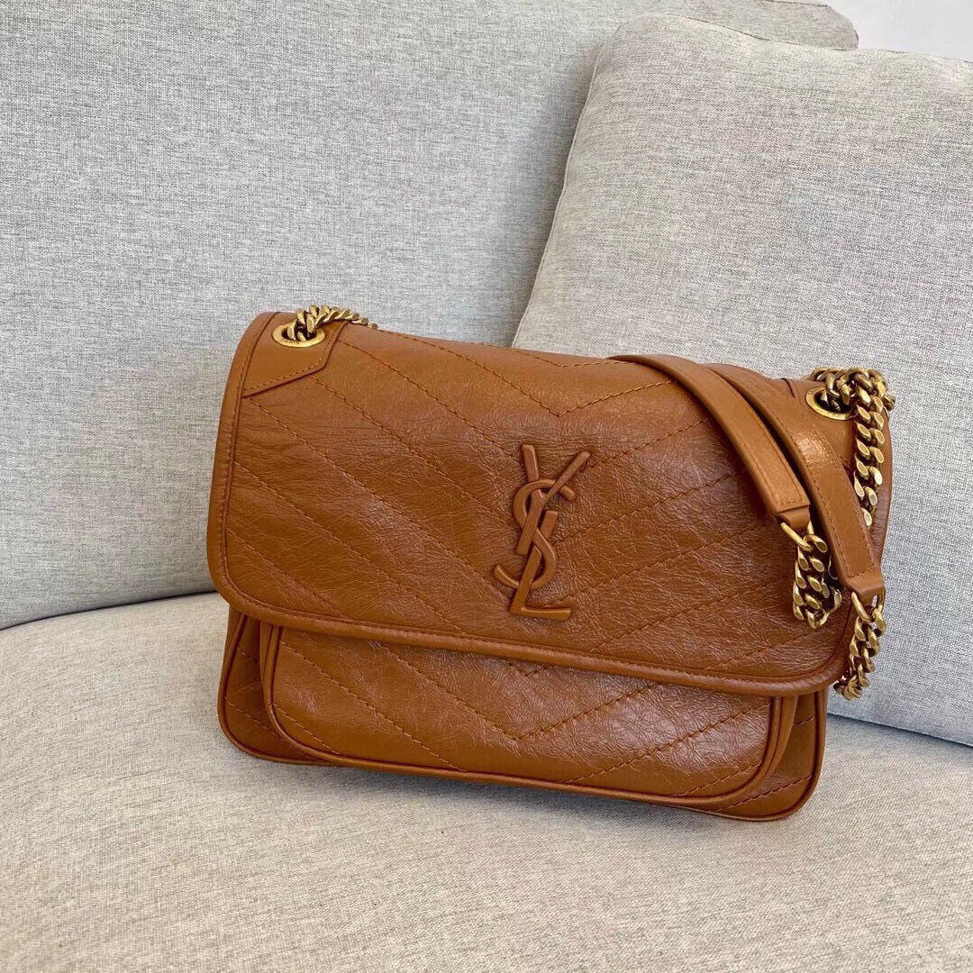 생로랑 Saint laurent/YSL 633158 니키 미디움 체인 백 크링클 빈티지 레더 라이트 카라멜 28CM