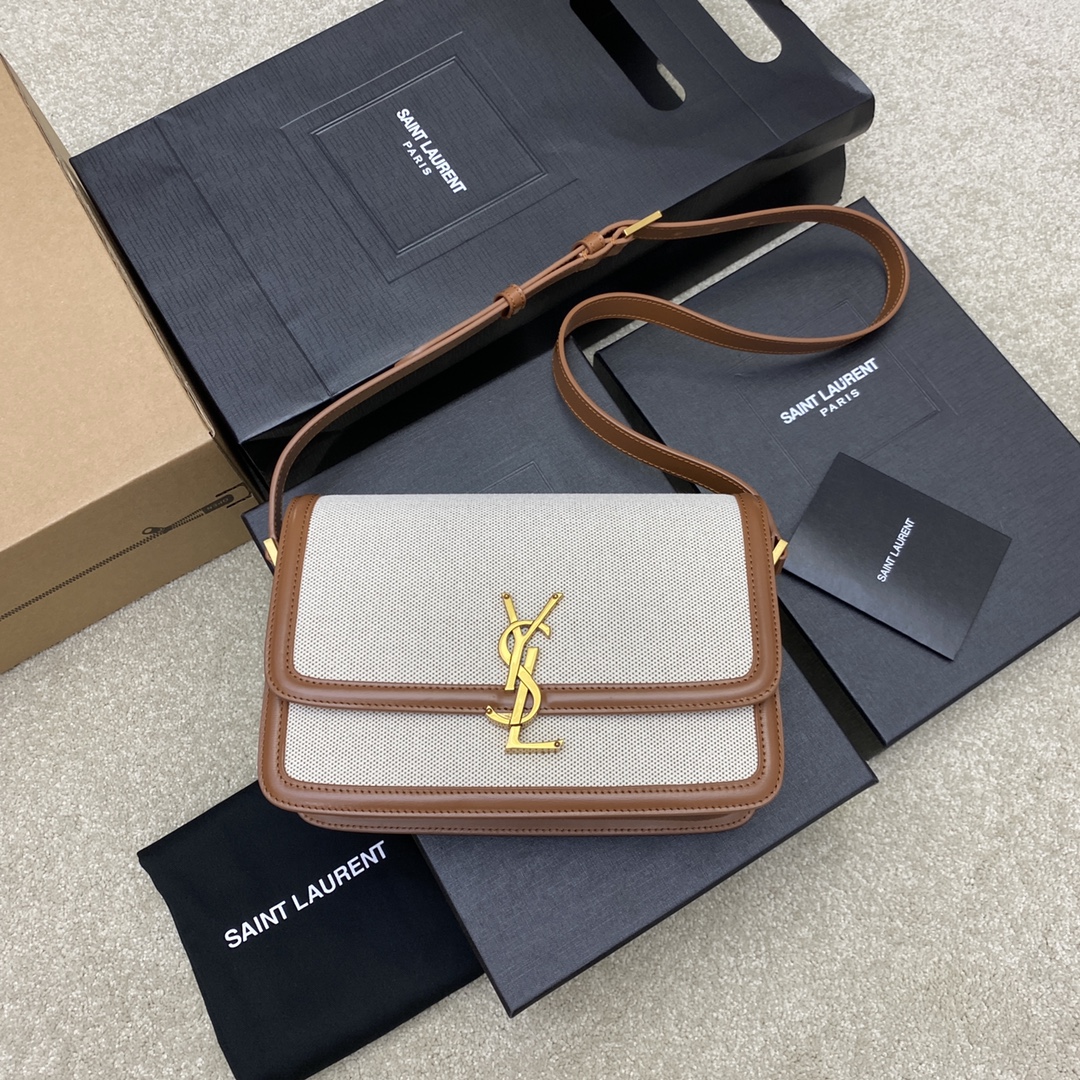 생로랑 Saint laurent/YSL 634305 Solferino Medium In Canvas And Vegetable-Tanned Leather Brown Gold 23cm