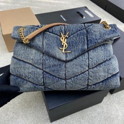 생로랑 Saint laurent/YSL 577475 Puffer Medium Chain Bag In Quilted Vintage Denim And Suede Rodeo Blue 35cm