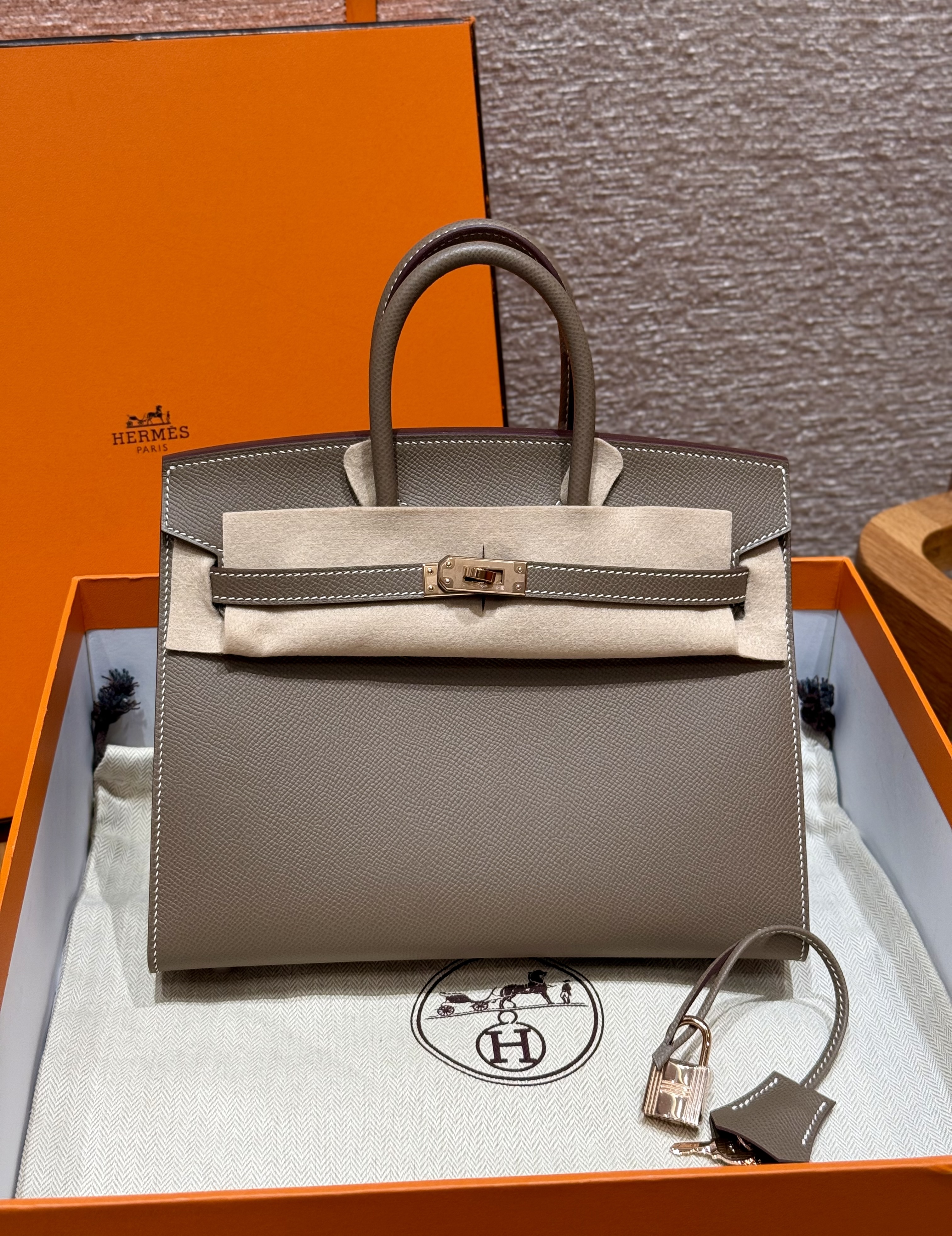 에르메스 Hermes Birkin 25cm Epsom 18 Etoupe/Rose gold