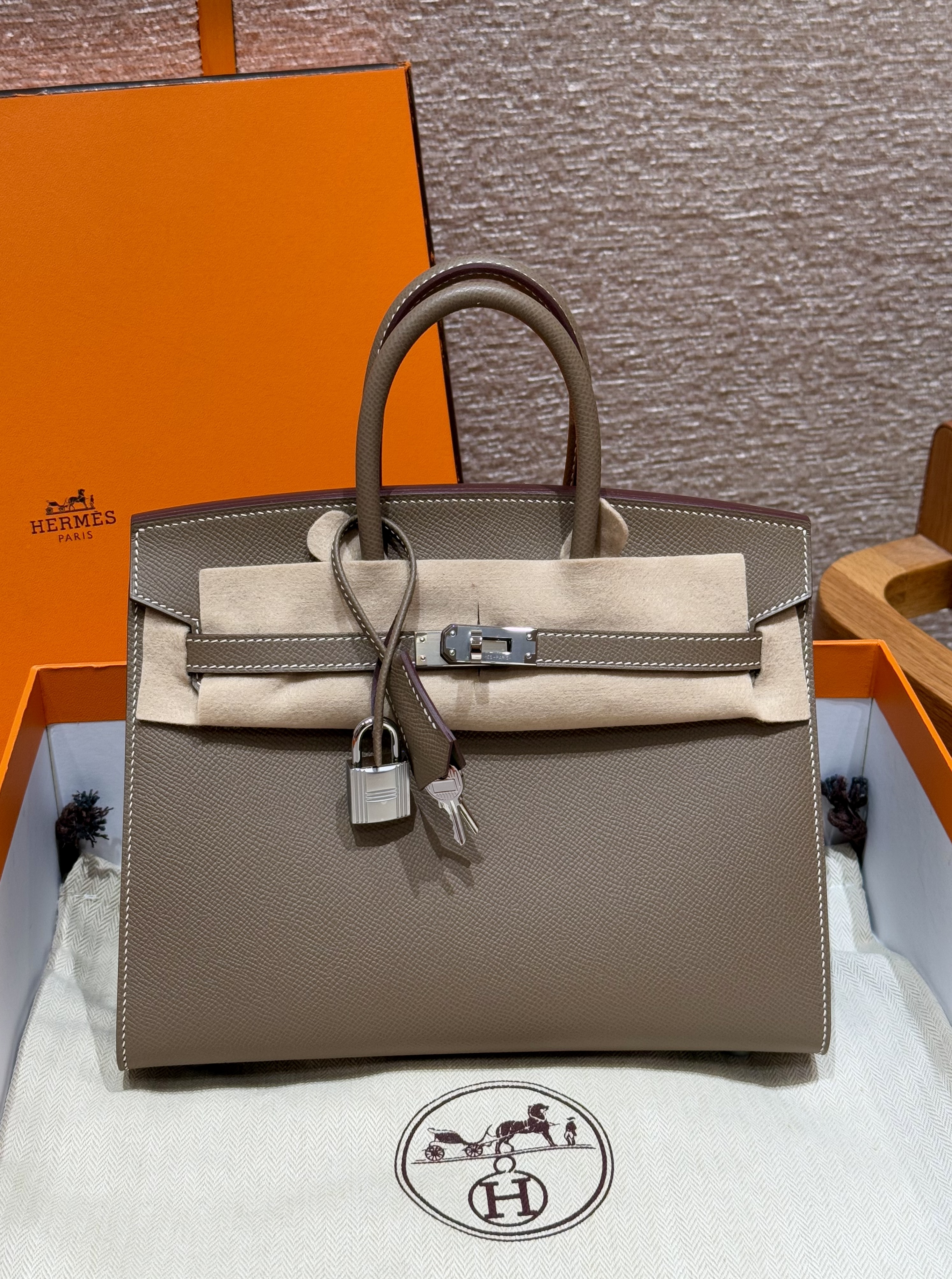 에르메스 Hermes Birkin 25cm Epsom 18 Etoupe/silver
