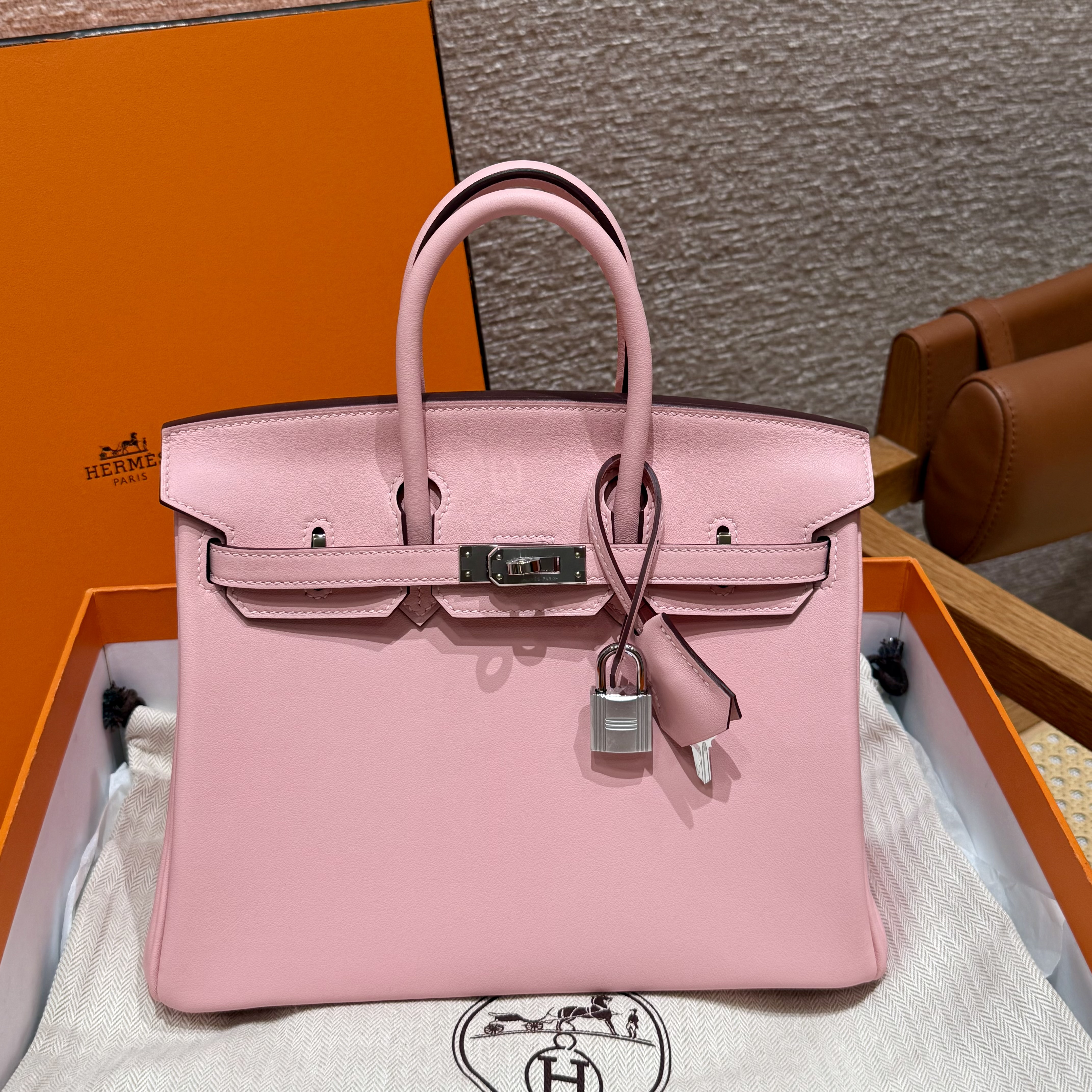 에르메스 Hermes Birkin 25cm Swift 3Q Rose Sakura/silver
