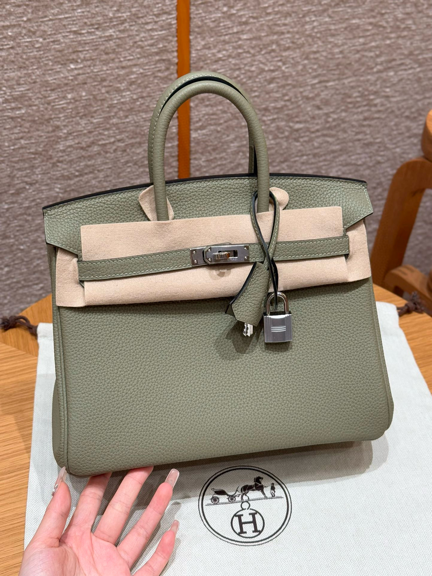에르메스 Hermes Birkin 25cm Togo Q1 Sauge/silver