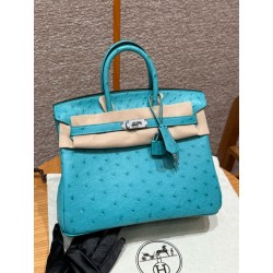 에르메스 Hermes Birkin 25cm KK ostrich P3 Blue De Nord/silver