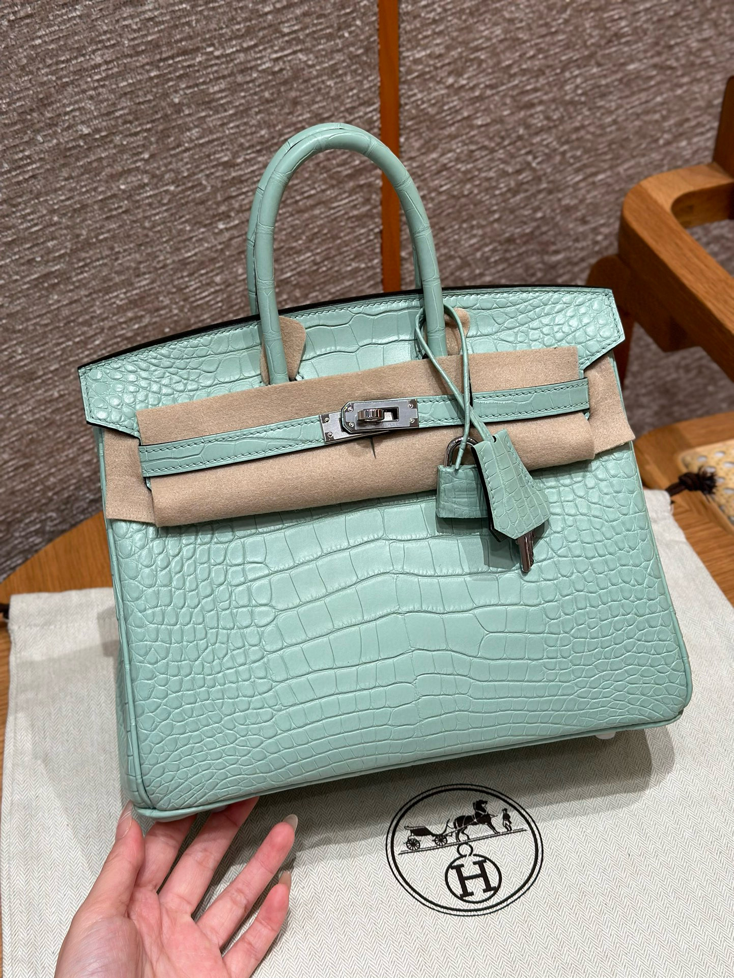 에르메스 Hermes Birkin 25cm Matte Alligator 6W Menthe/silver