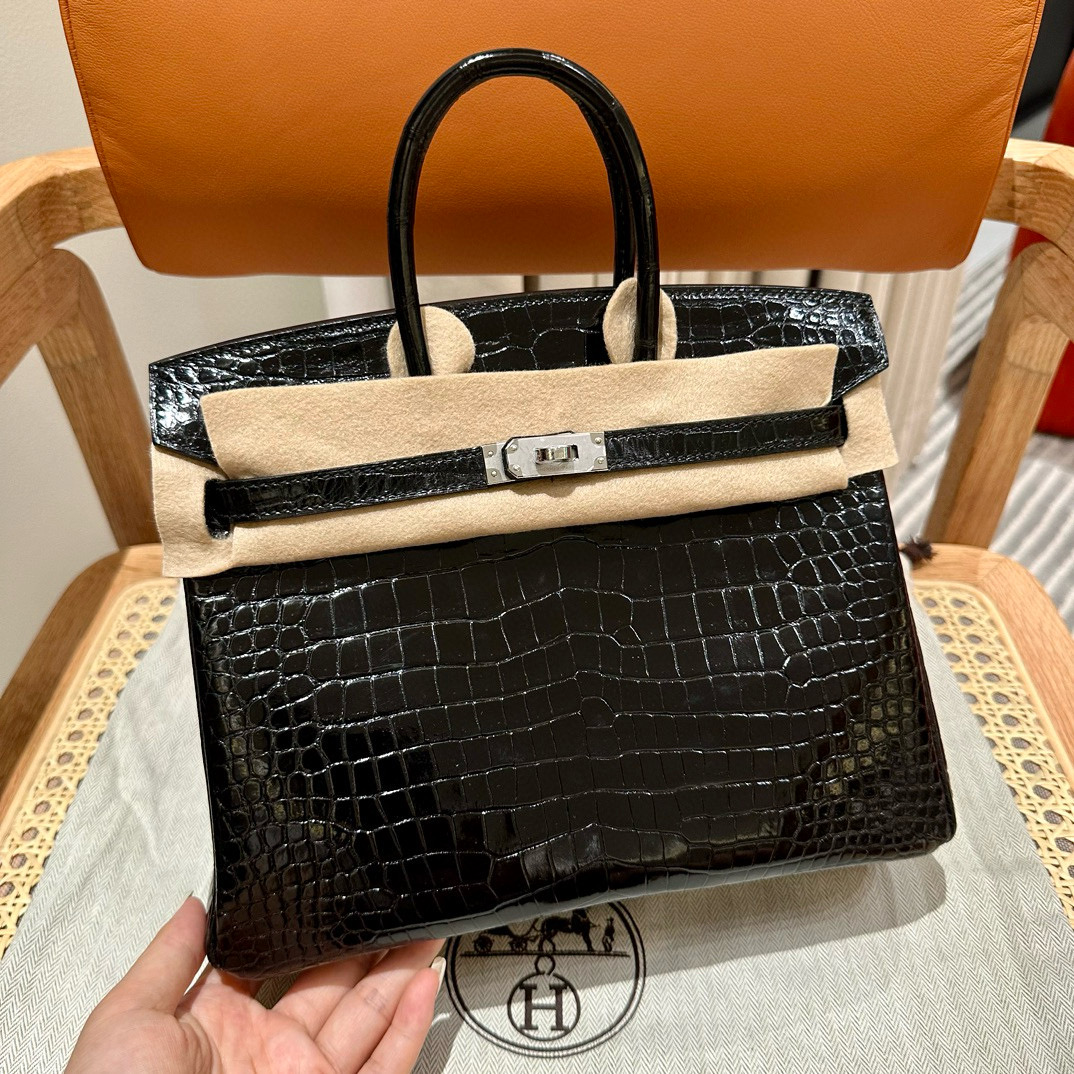 에르메스 Hermes Birkin 25cm Porosus Shiny 89 Noir/silver