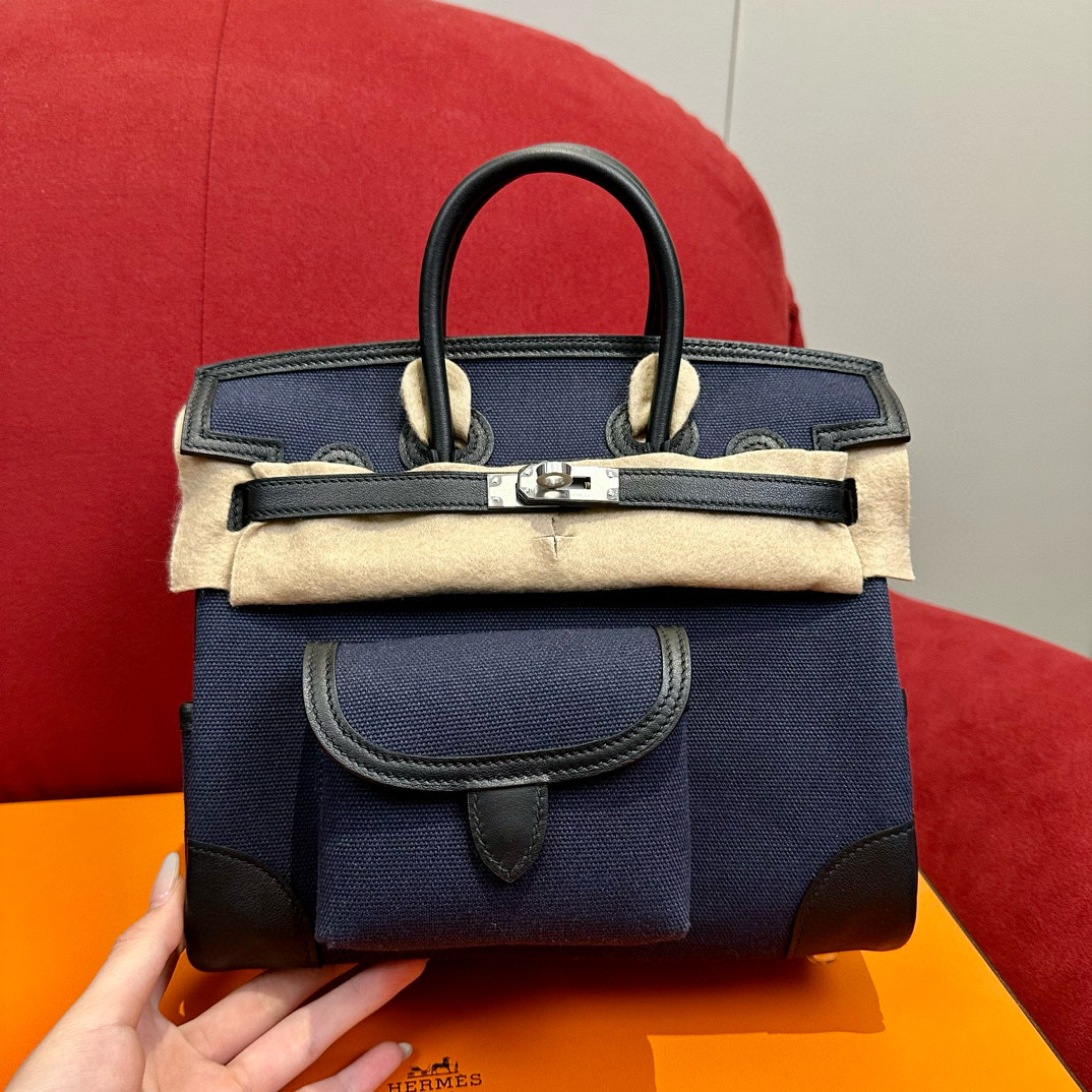 에르메스 Hermes Birkin Cargo 25cm Canvas and Swift 7U Blue navy and 89 noir/silver