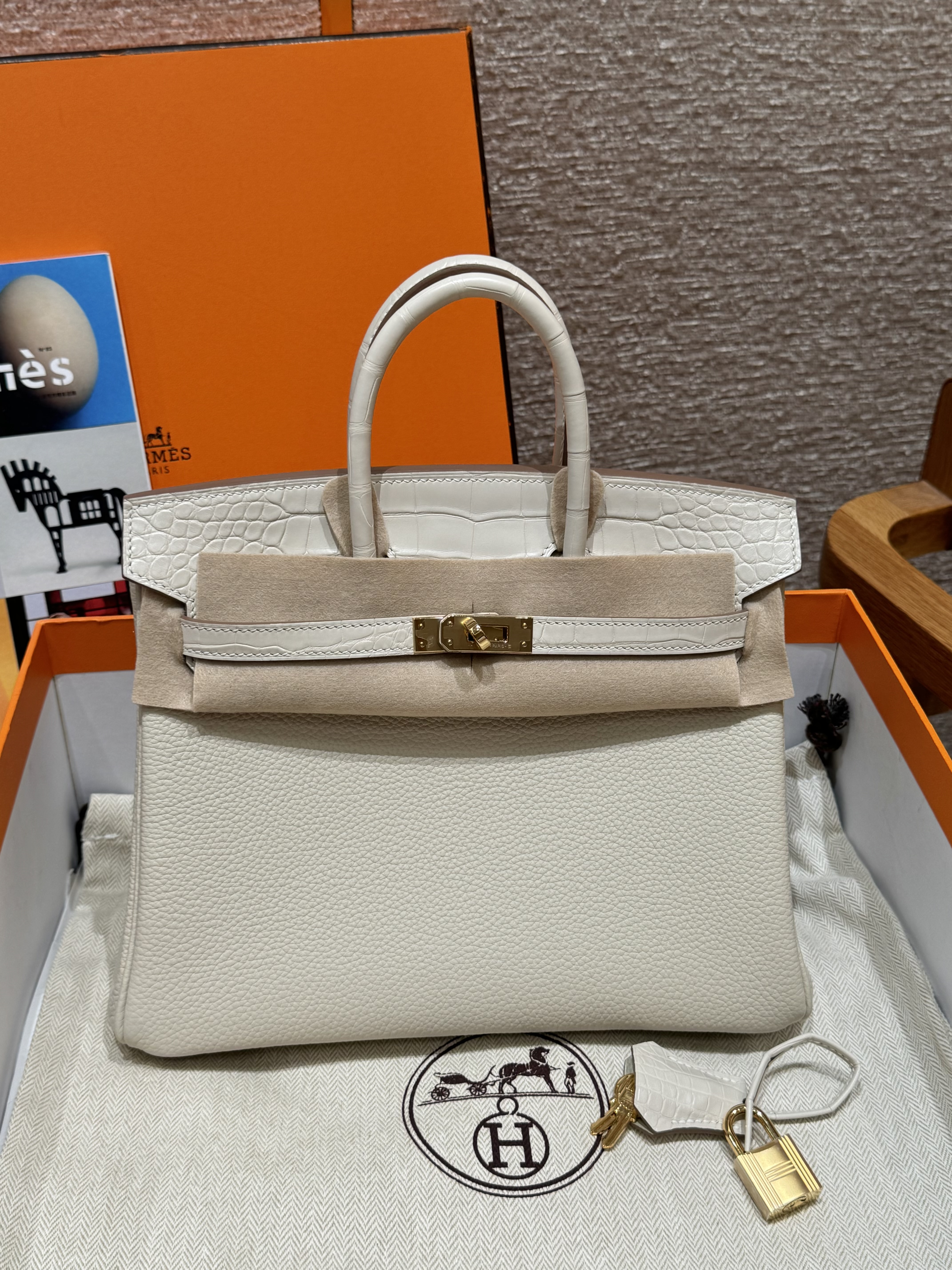 에르메스 Hermes Birkin Touch 25cm Togo and Niloticus 10 Craie/gold