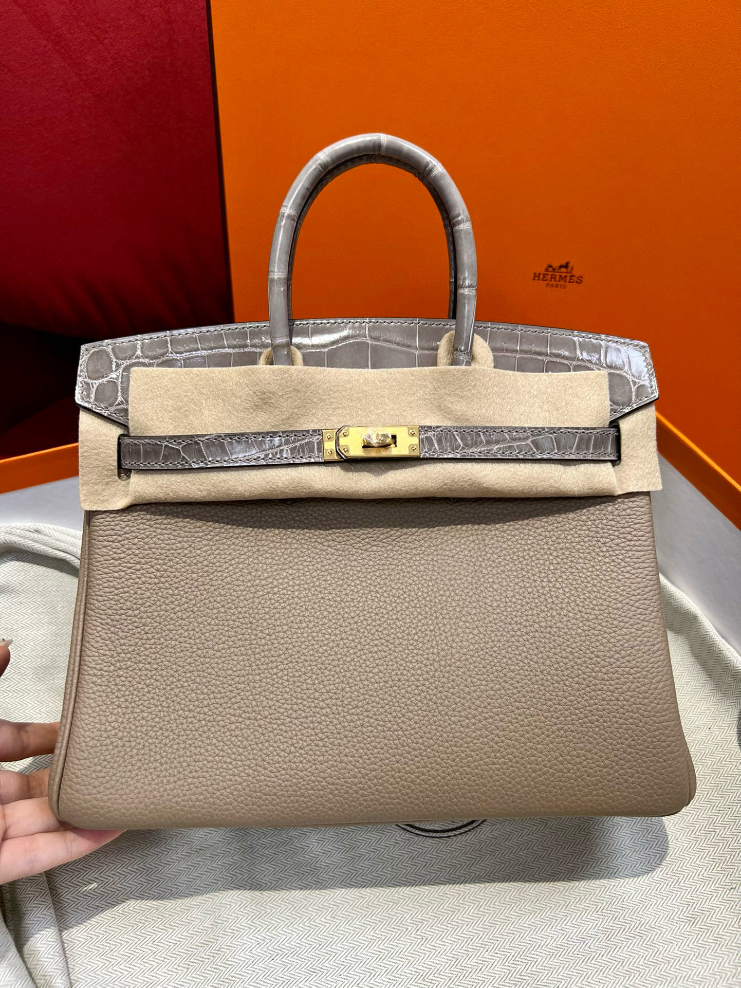 에르메스 Hermes Birkin Touch 25cm Togo and Niloticus 81 Gris tourterlle/gold