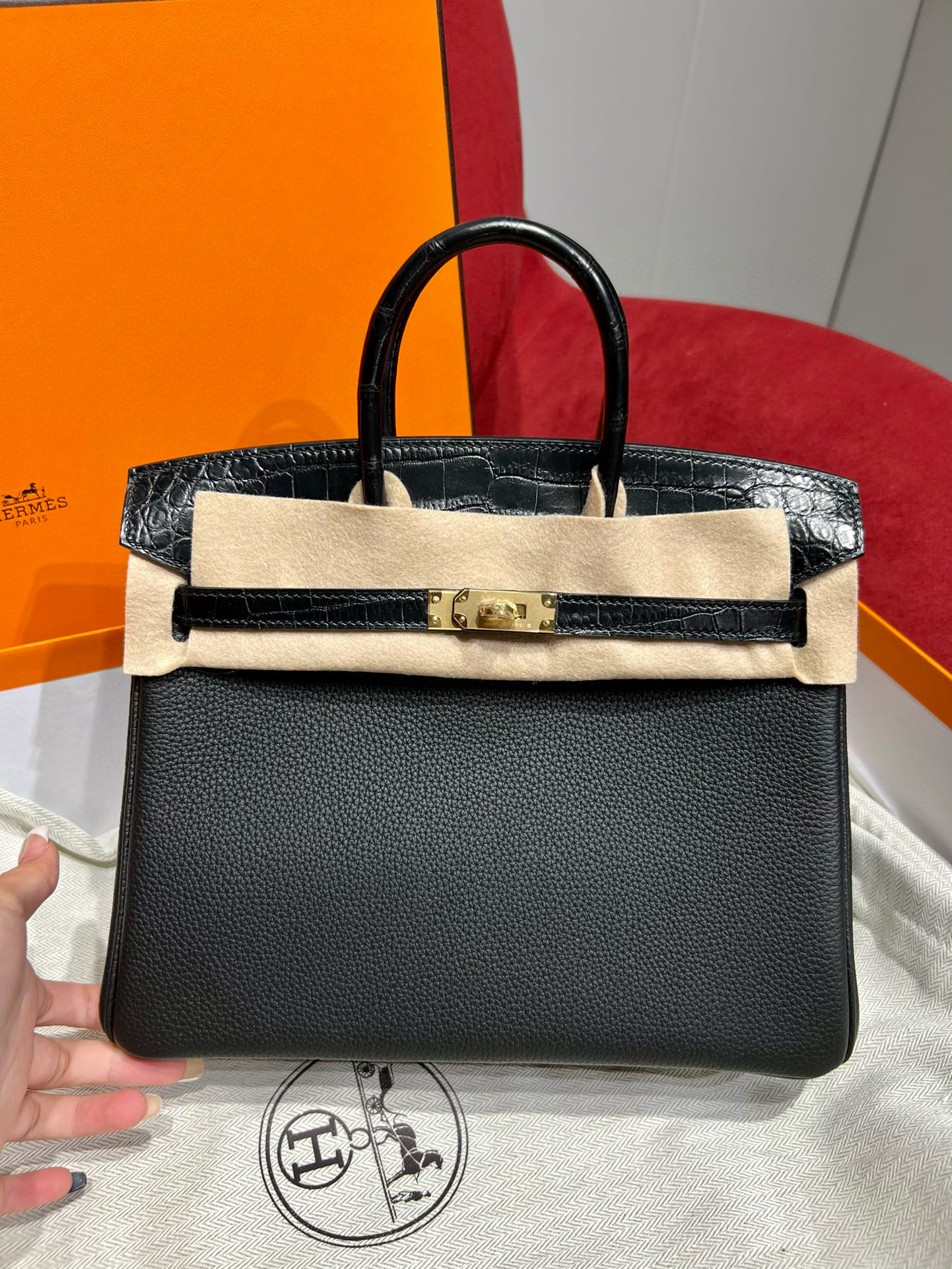 에르메스 Hermes Birkin Touch 25cm Togo and Niloticus 89 Noir/gold