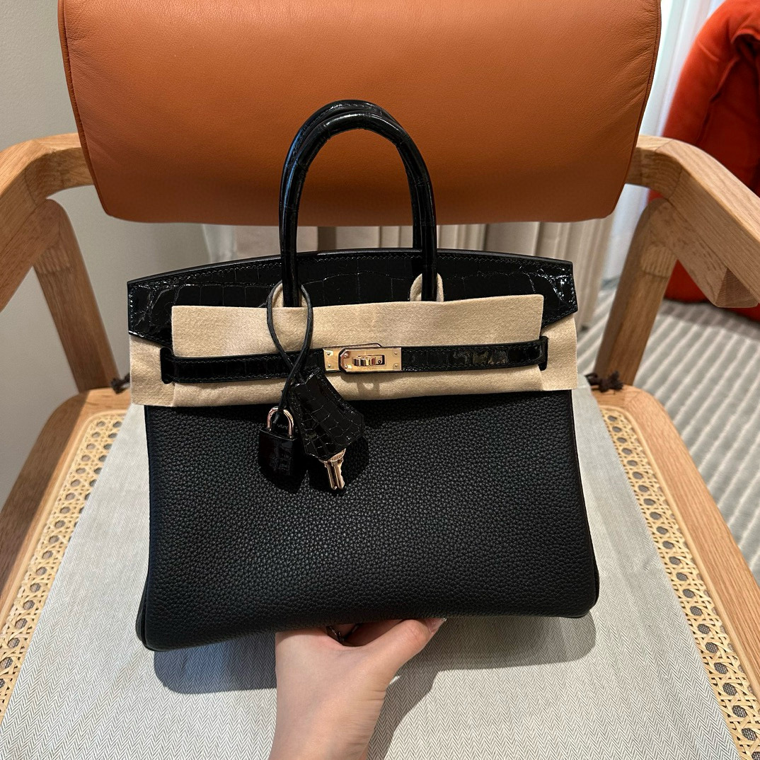 에르메스 Hermes Birkin Touch 25cm Togo and Niloticus Crocodile 89 Noir/Rose gold