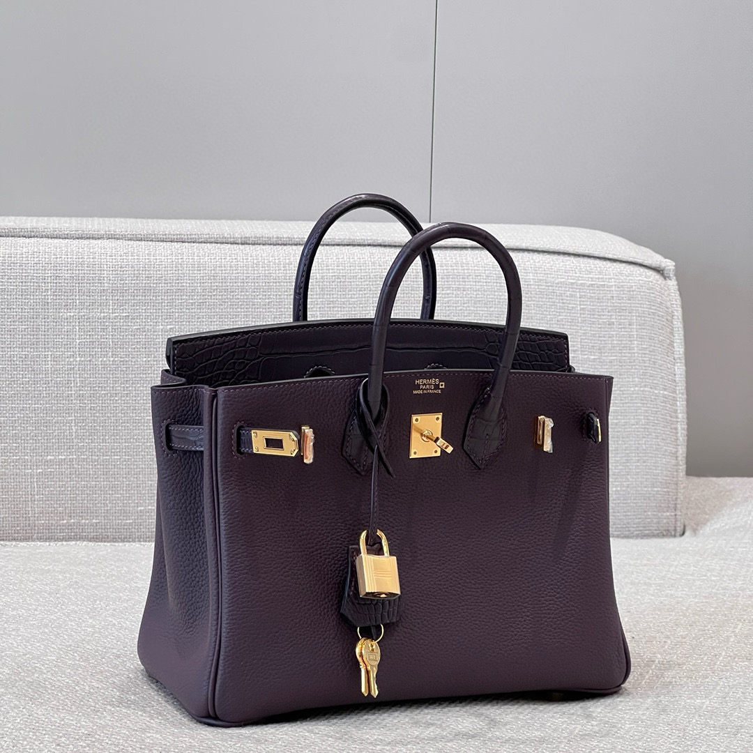 에르메스 Hermes Brikin 25cm Togo and Alligator 57 Raisin/gold