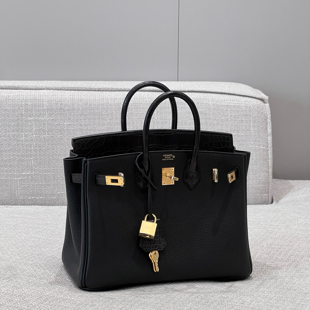 에르메스 Hermes Brikin 25cm Togo and Alligator 89 Noir/gold