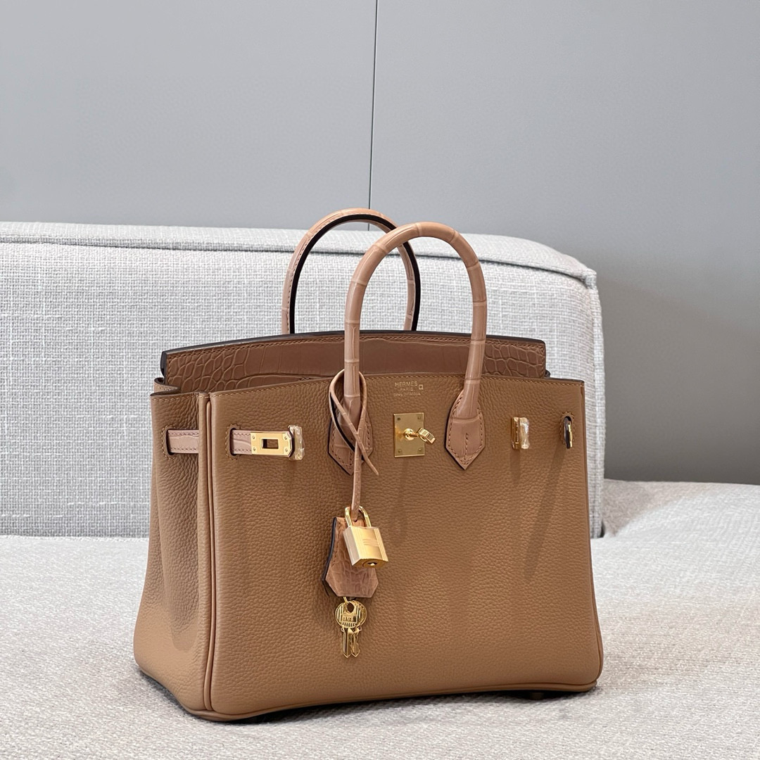 에르메스 Hermes Brikin 25cm Togo and Alligator OM Chai/gold