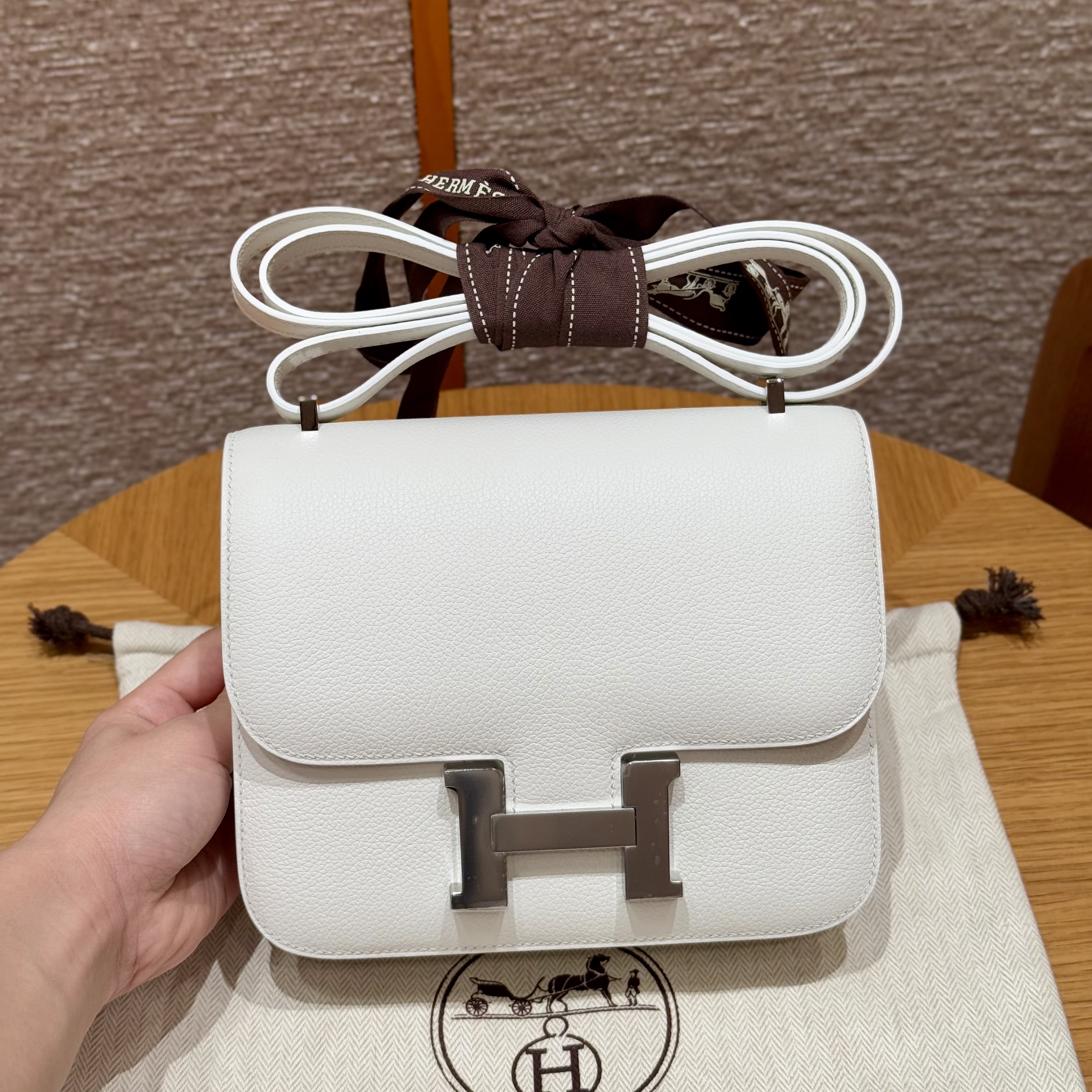 에르메스 Hermes Constance 19cm Evercolor 01 Blanc/silver