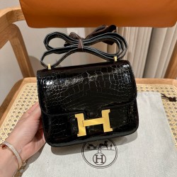 에르메스 Hermes Constance 19cm Alligator shiny crocodile 89 Noir/gold