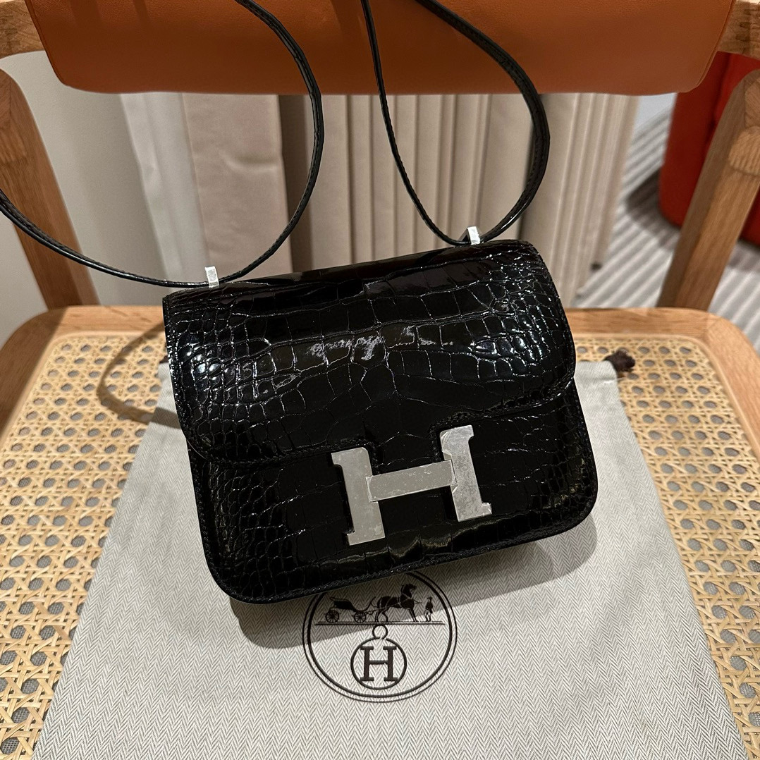 에르메스 Hermes Constance 19cm Alligator shiny crocodile 89 Noir/silver