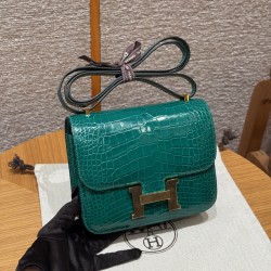 에르메스 Hermes Constance 19cm Bright faced American Alligator 6Q Vert Emeraude/gold