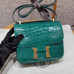 에르메스 Hermes Constance 19cm Bright faced American Alligator 6Q Vert Emeraude/gold