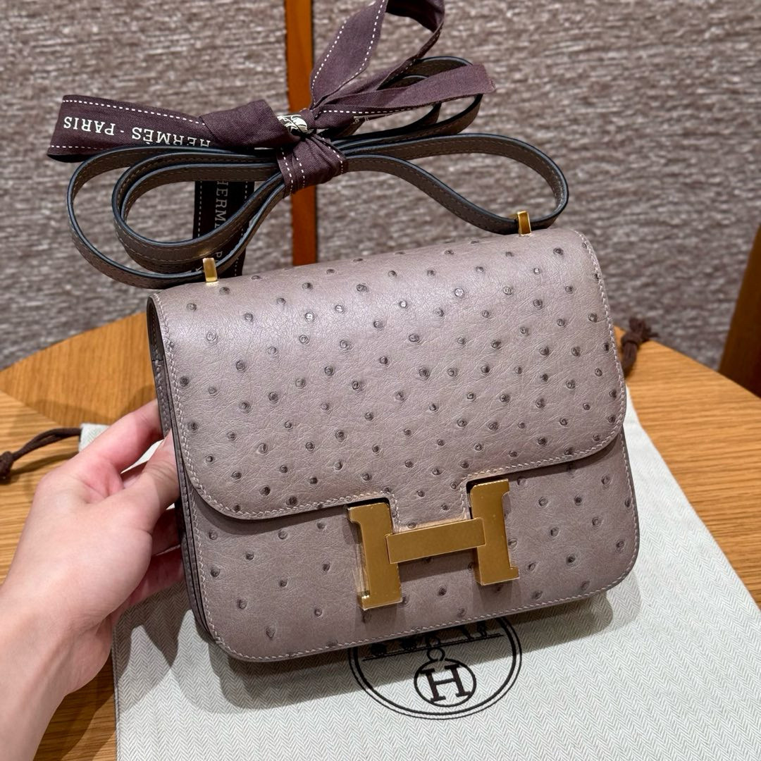 에르메스 Hermes Constance 19cm KK ostrich 81 Gris tourtelle/gold