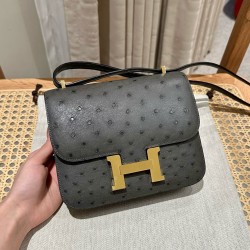 에르메스 Hermes Constance 19cm KK ostrich 88 Graphite/gold