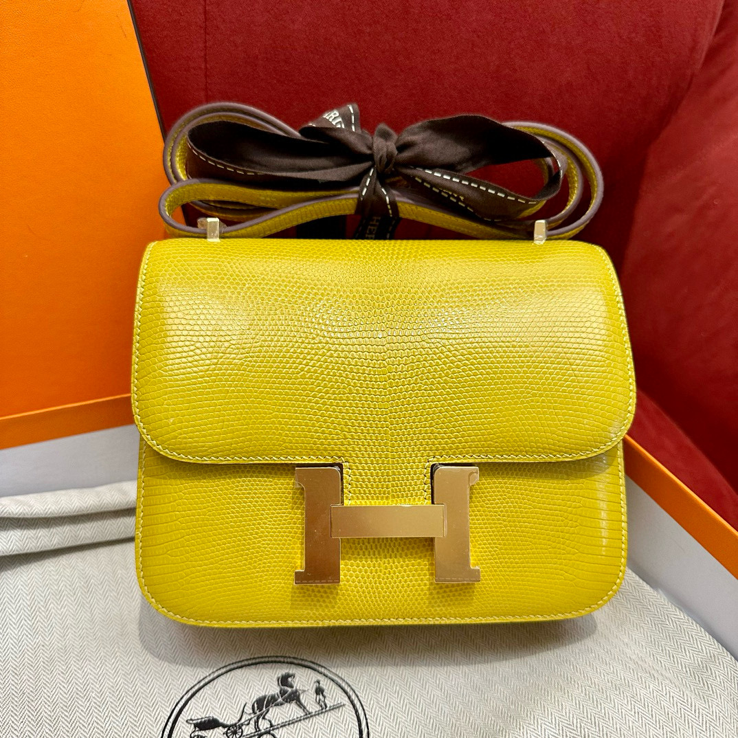 에르메스 Hermes Constance 19cm Lizard 9R Lime/gold