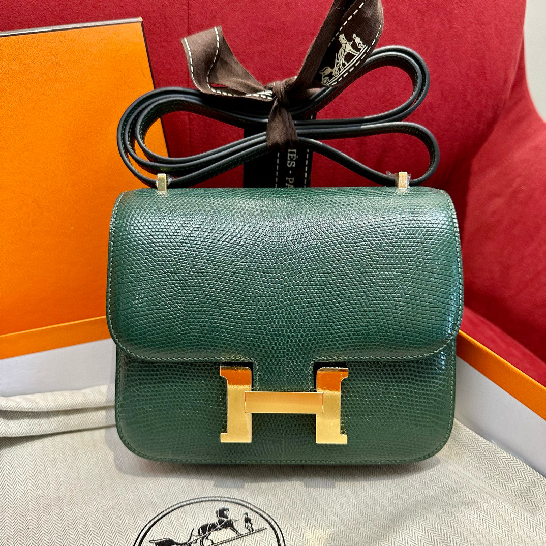 에르메스 Hermes Constance 19cm Lizard 67 Vert Fonce/gold