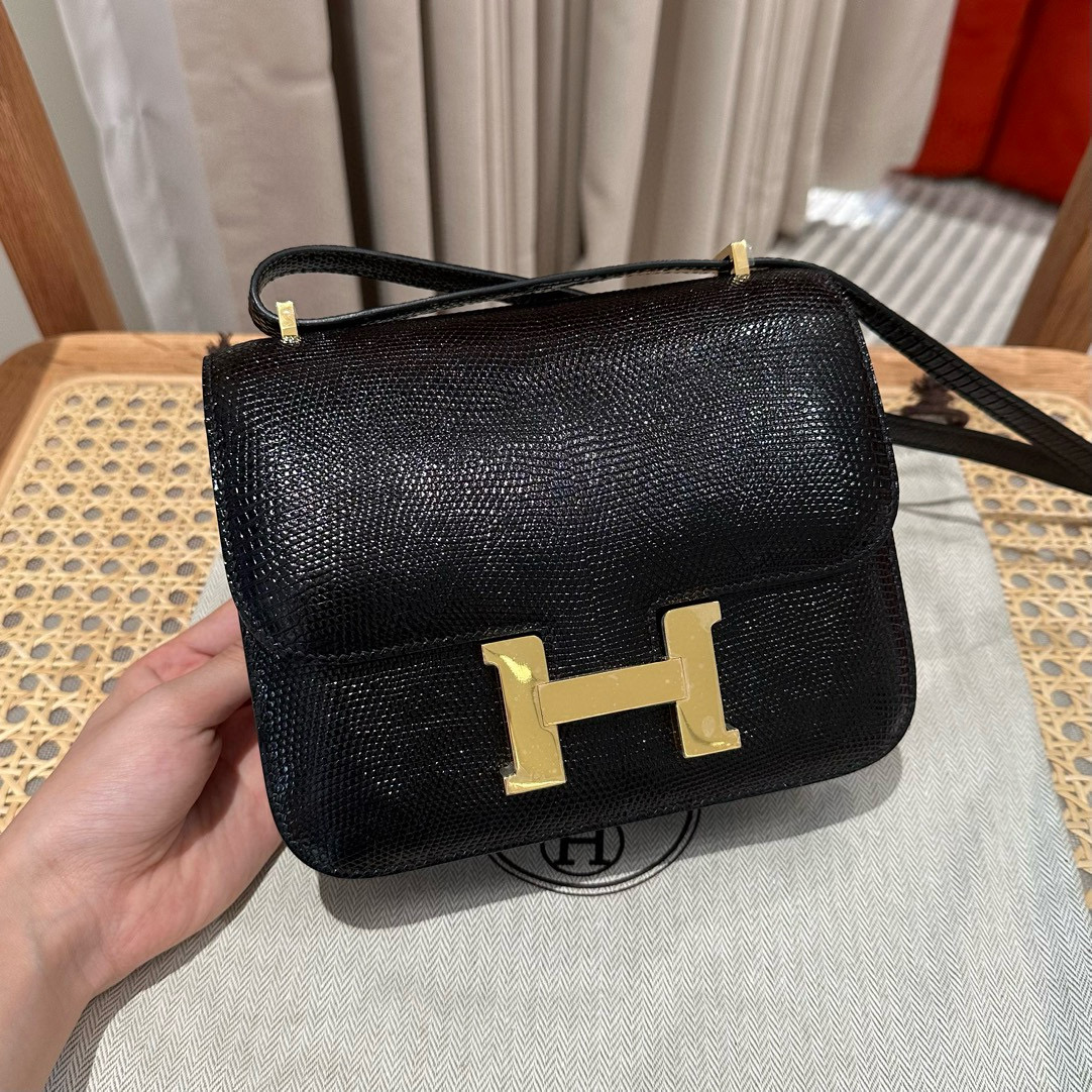 에르메스 Hermes Constance 19cm Lizard 89 Noir/gold