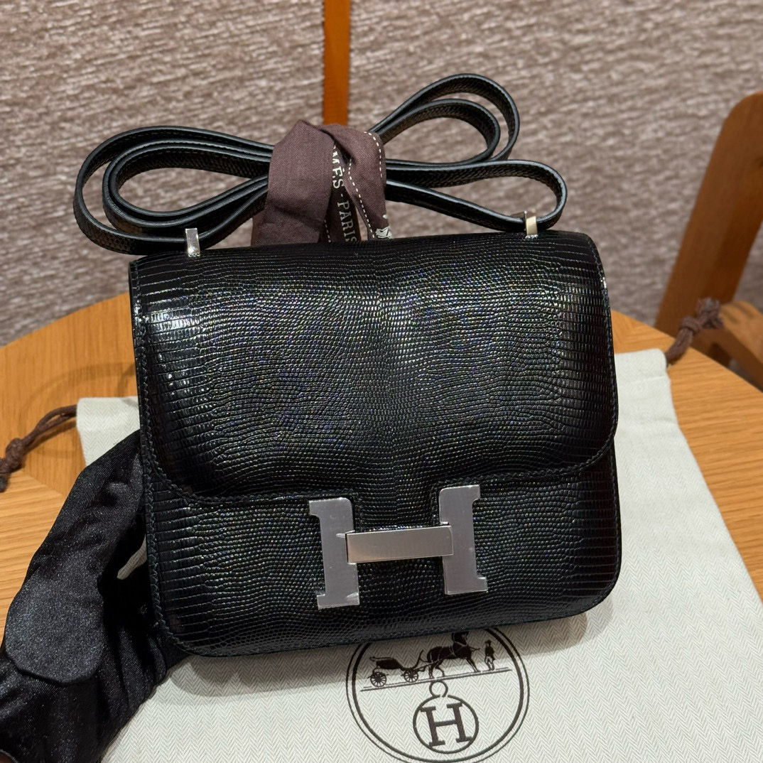 에르메스 Hermes Constance 19cm Lizard 89 Noir/silver