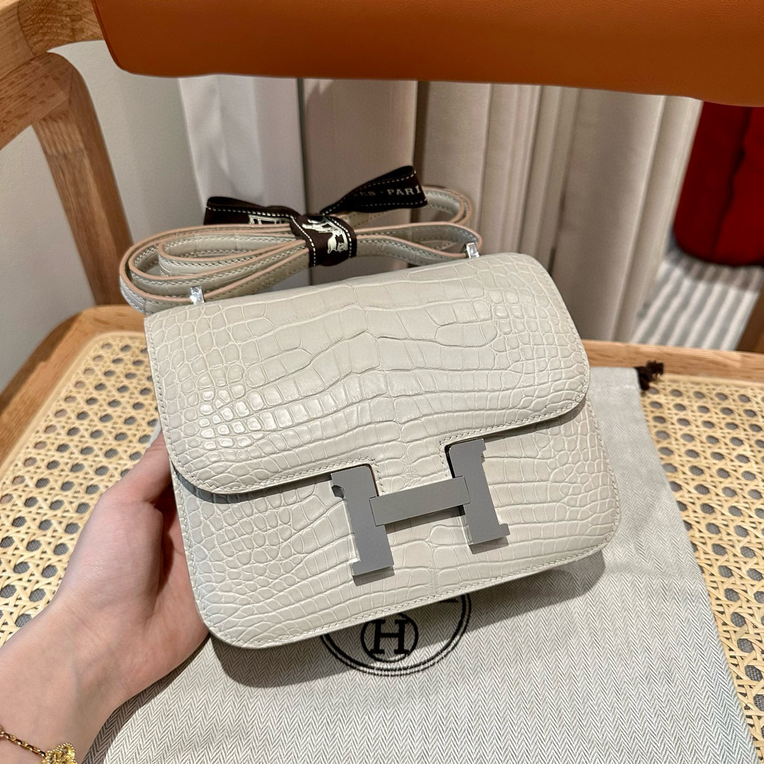 에르메스 Hermes Constance 19cm Matte Alligator 8L Beton/silver