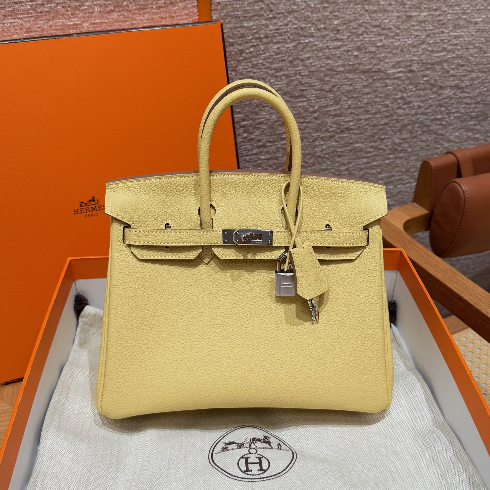에르메스 Hermes Birkin 25cm Togo i8 Jaune Milton/silver
