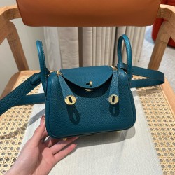 에르메스 Hermes Mini Lindy 19cm Clemence WO Bosphore/gold