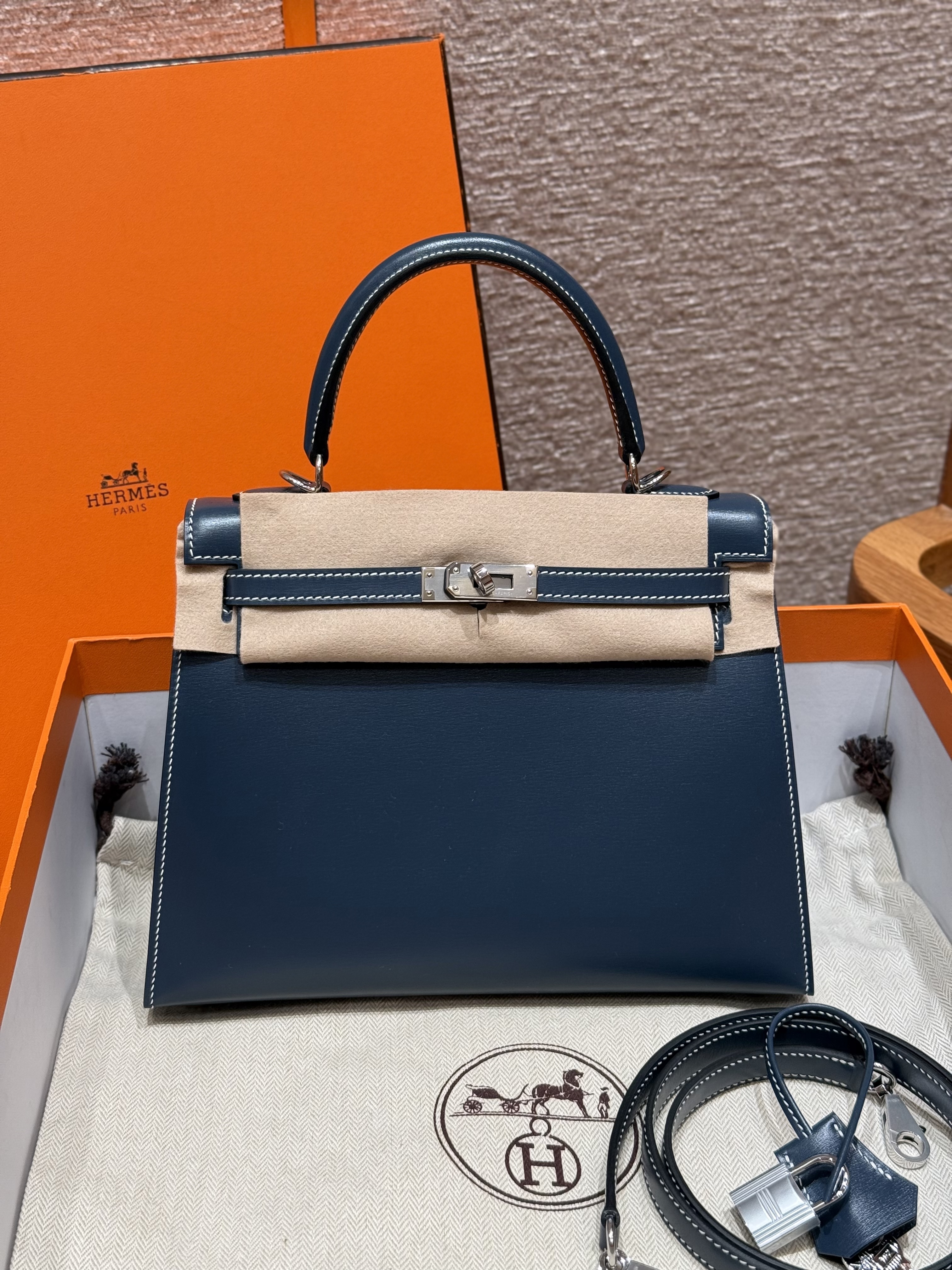 에르메스 Hermes Kelly 25cm Box 7P Blue presse/silver