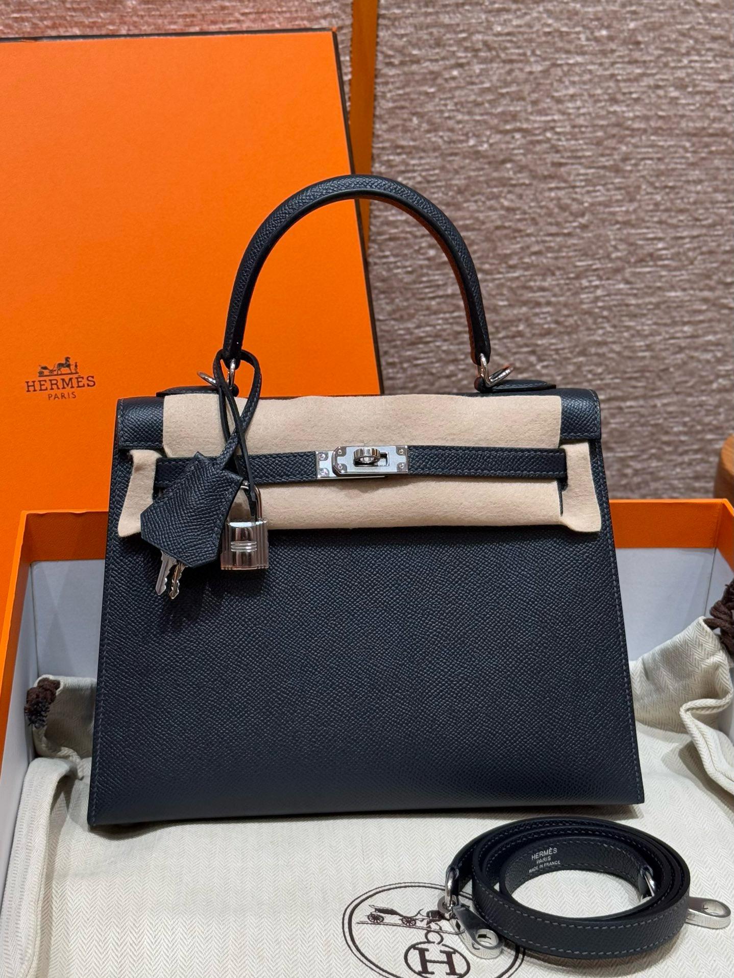 에르메스 Hermes Kelly 25cm Epsom 2z Blue nuit/silver