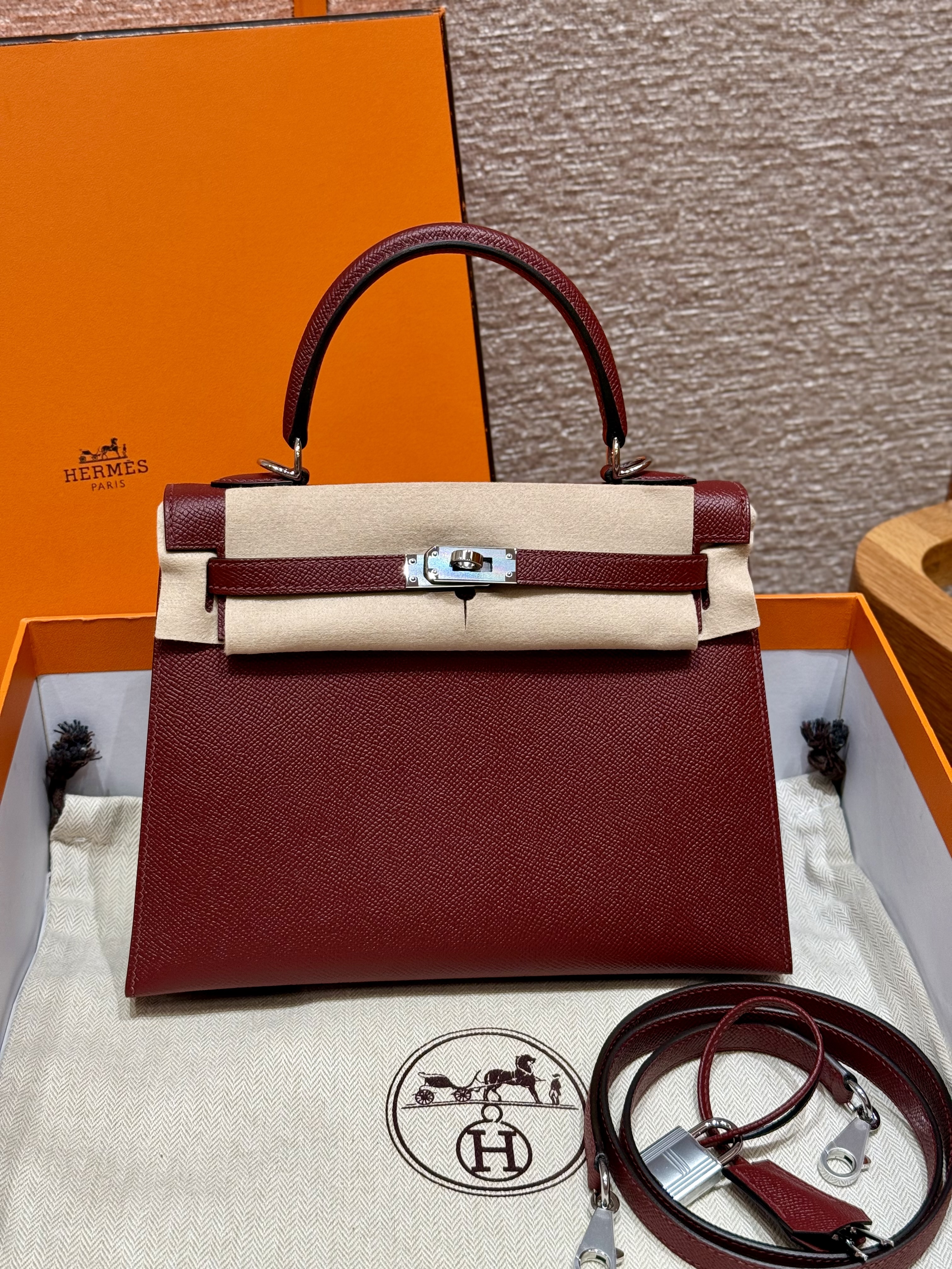 에르메스 Hermes Kelly 25cm Epsom 55 Rouge H/silver
