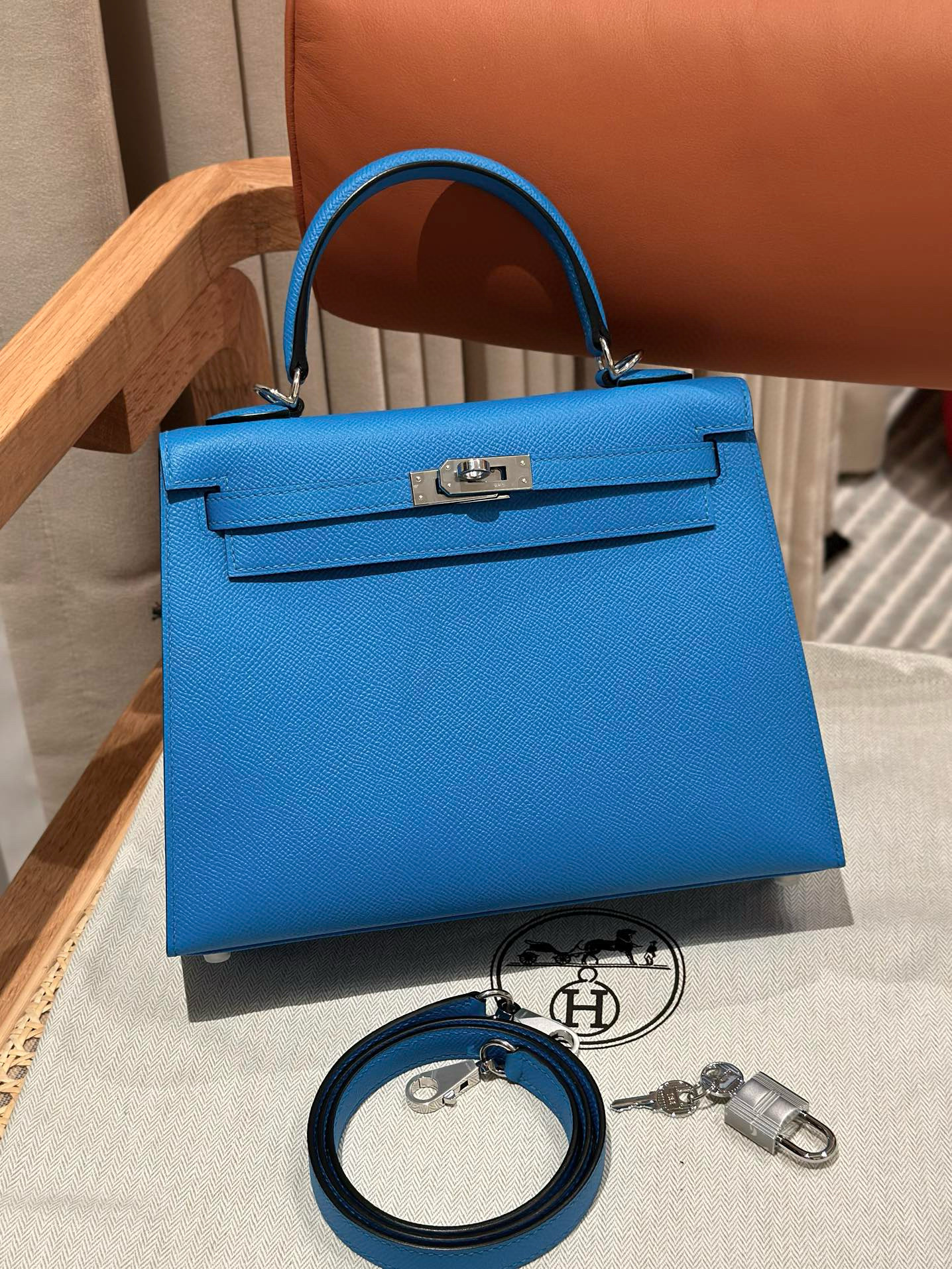 에르메스 Hermes Kelly 25cm Epsom OF Blue frida/silver