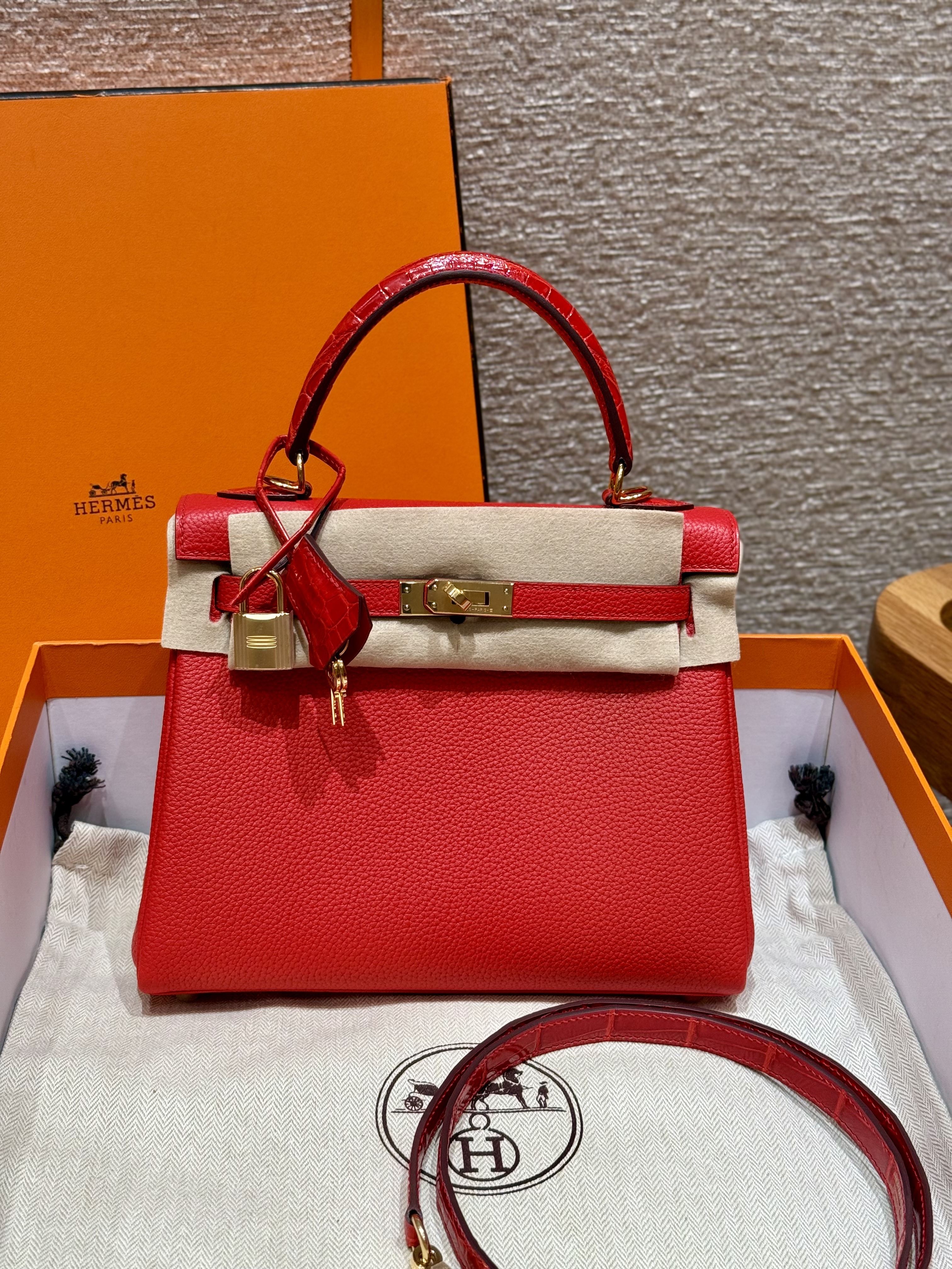 에르메스 Hermes Kelly 25cm Togo and America crocodile S3 Rouge Coeur/gold