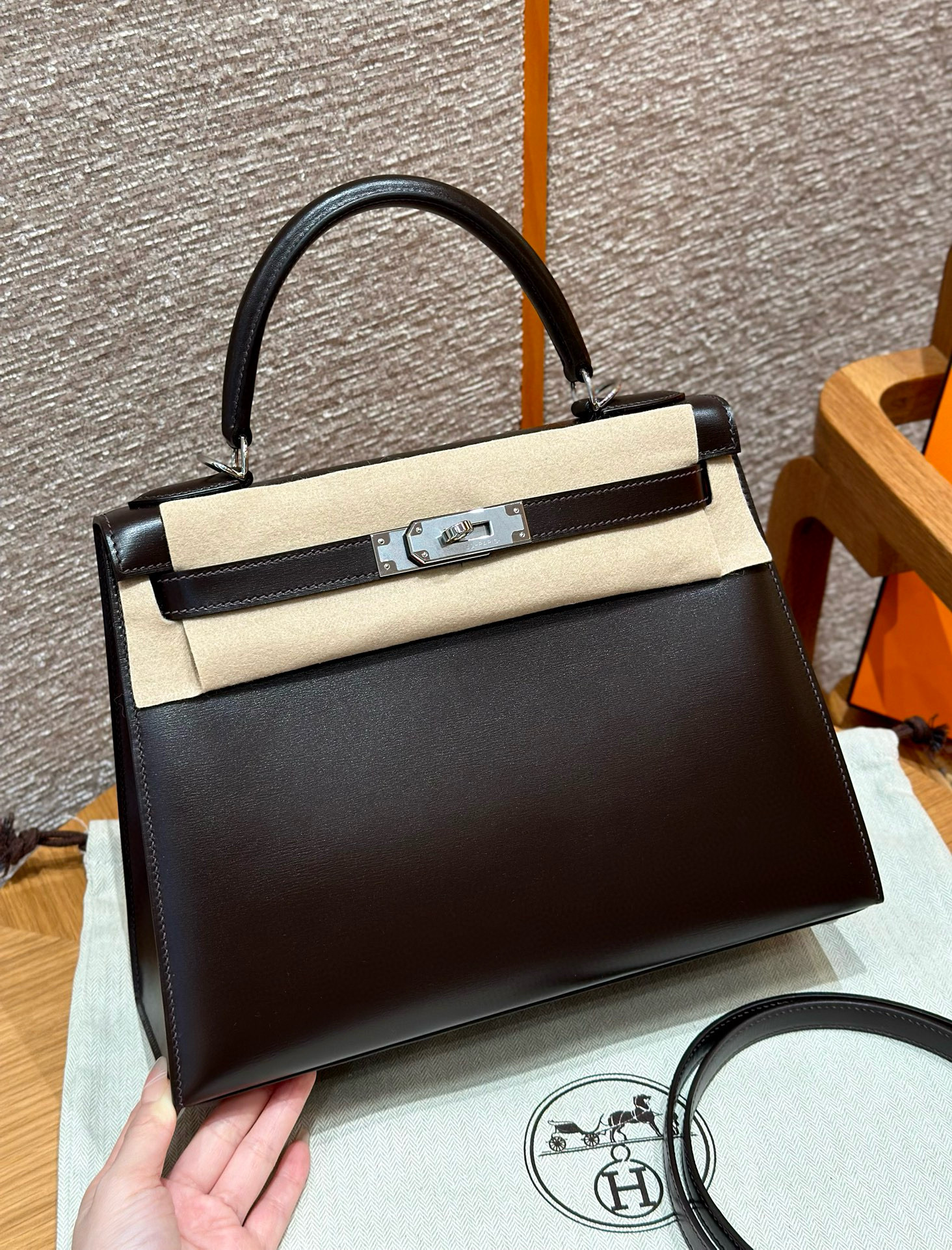 에르메스 Hermes Kelly 28cm Box 47 Chocolat/silver