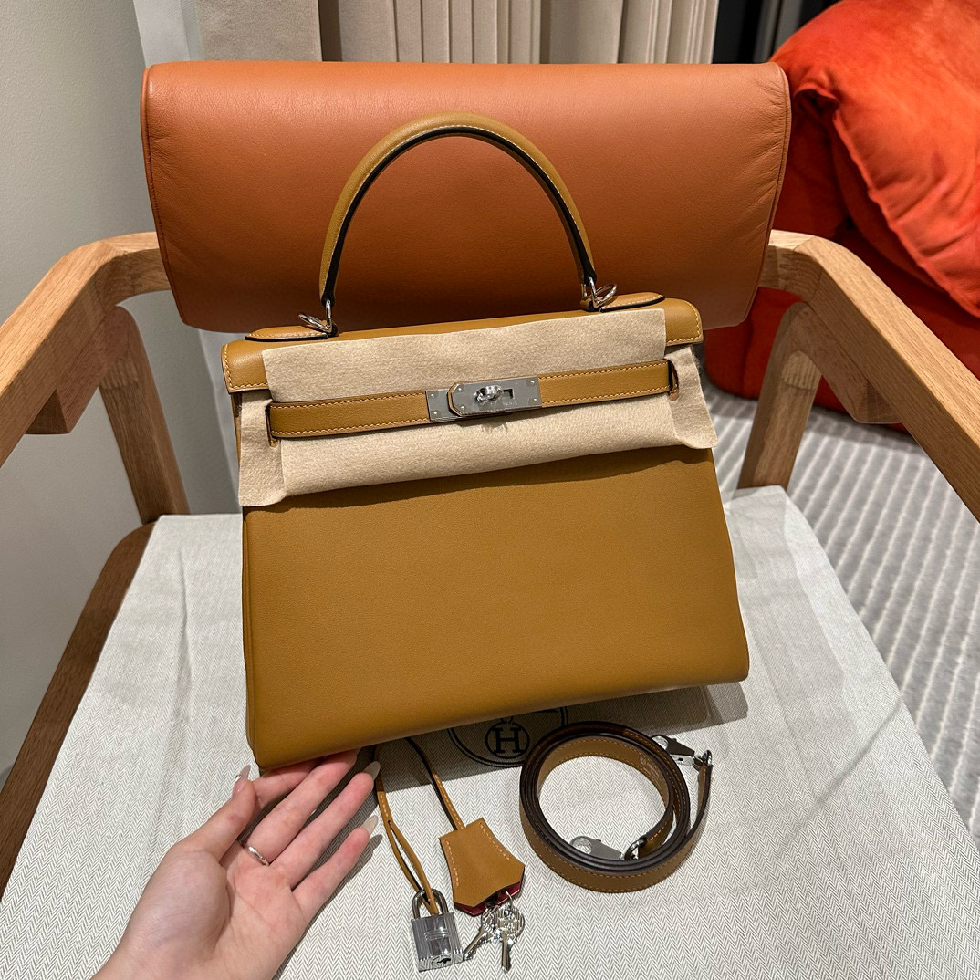 에르메스 Hermes Kelly 28cm Swift 28 Caramel and K4 Rose Ete/silver
