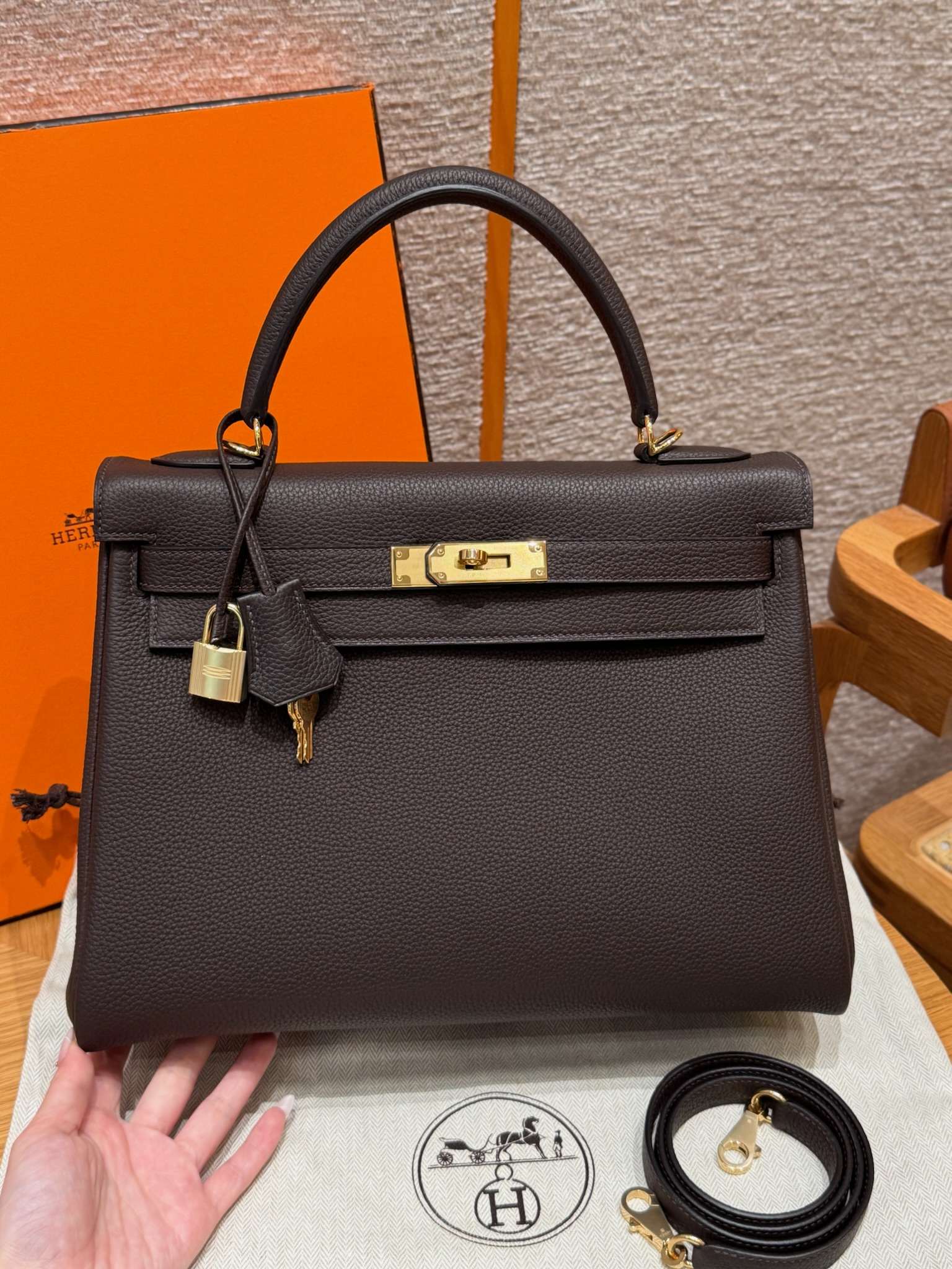 에르메스 Hermes Kelly 32cm Togo 47 Chocolat/gold