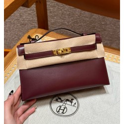 에르메스 Hermes Kelly Pochette 22cm Box 55 Rouge H/gold