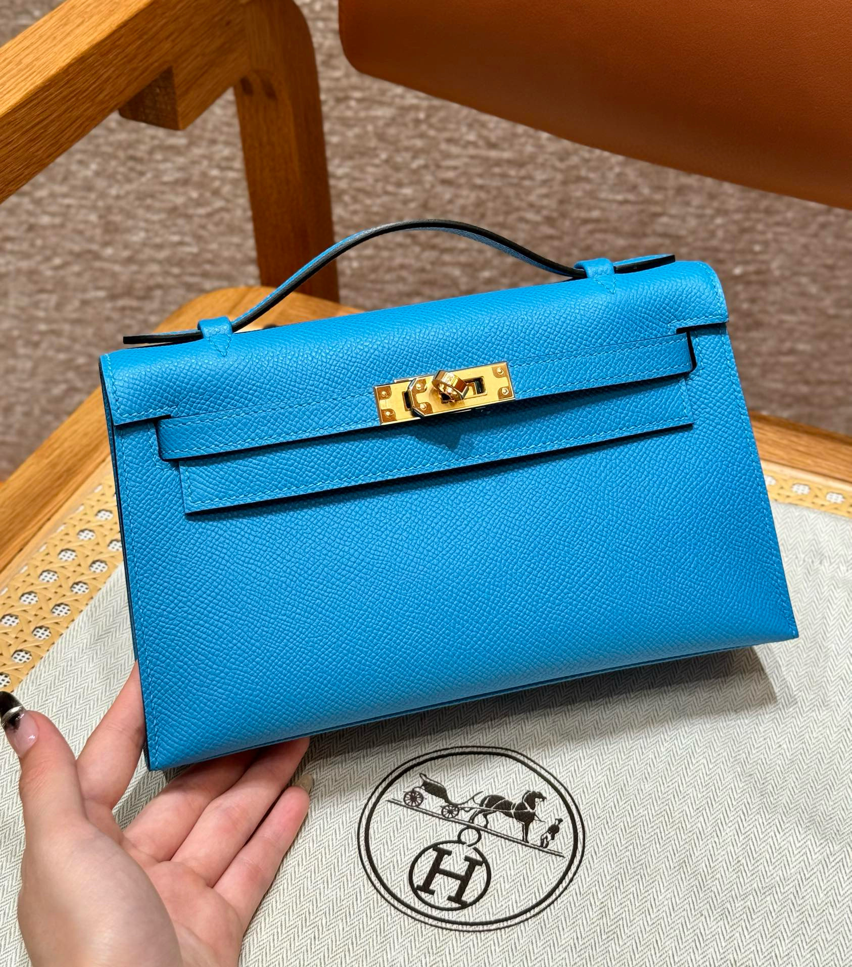 에르메스 Hermes Kelly Pochette 22cm Epsom OF Blue Fride/gold