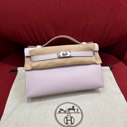 에르메스 Hermes Kelly Pochette 22cm Swift 09 Mauve pale/silver