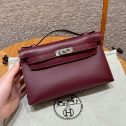 에르메스 Hermes Kelly Pochette 22cm Swift 57 Bordeaux/silver